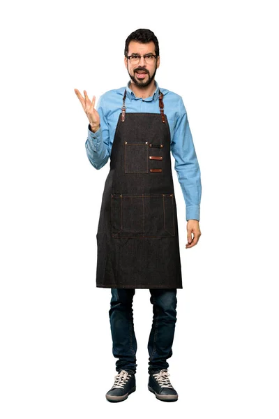 Full Length Shot Man Apron Making Doubt Gesture Isolated White — Stok Foto