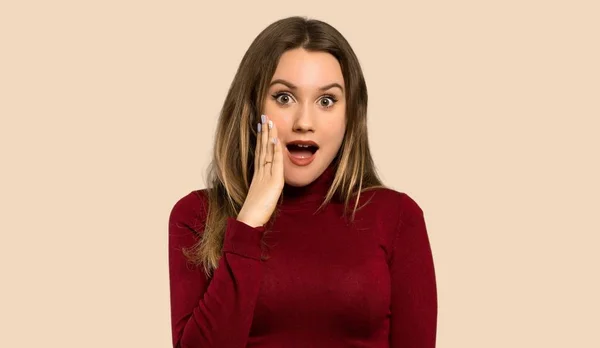 Teenager Girl Turtleneck Surprise Shocked Facial Expression Isolated Ocher Background — Stock Photo, Image
