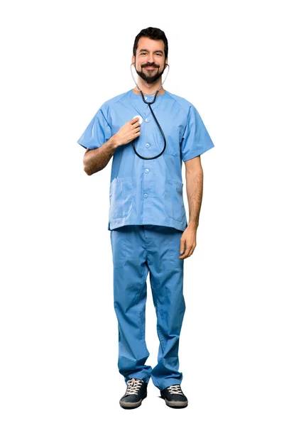 分離の白い背景の上の外科医医師男のフルレングスのショット — ストック写真
