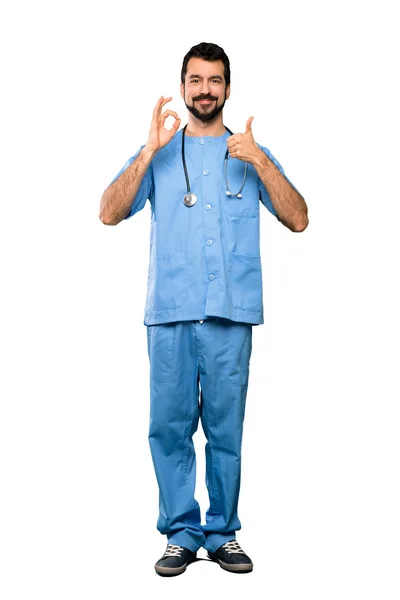 Full Length Shot Surgeon Doctor Man Showing Sign Thumb Gesture — Stock Photo, Image