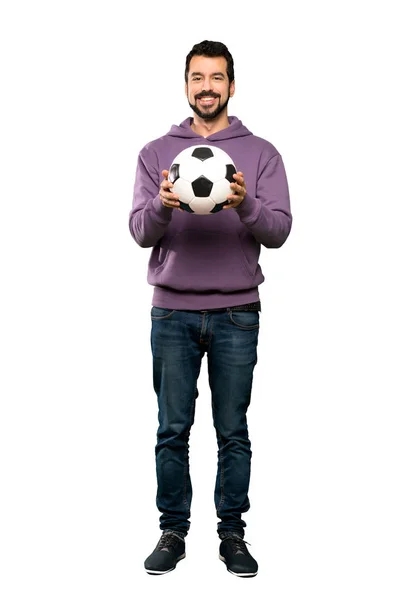 Full Length Shot Handsome Man Sweatshirt Holding Soccer Ball Isolated — Stock Photo, Image