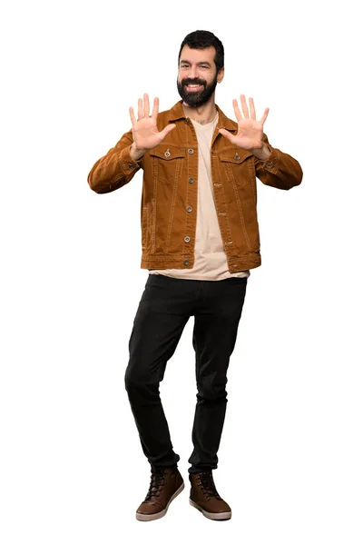 Handsome Man Beard Counting Ten Fingers Isolated White Background — Stock Photo, Image