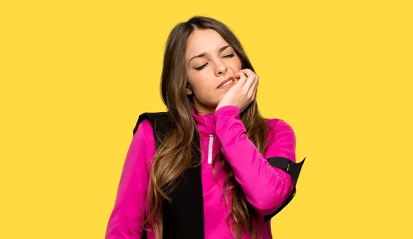 Young Sport Woman Toothache Isolated Yellow Background — Stock Photo, Image