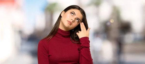 Teenager Girl Turtleneck Problems Making Suicide Gesture Outdoors — Stock Photo, Image