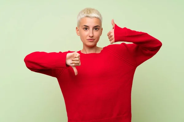 Teenager Girl White Short Hair Green Wall Making Good Bad — Stock Photo, Image