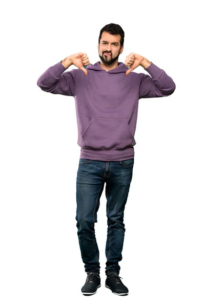 Full Length Shot Handsome Man Sweatshirt Showing Thumb Isolated White — Stock Photo, Image