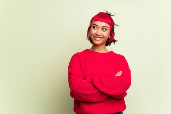 Young Woman Red Sweater Looking While Smiling — Stock Photo, Image