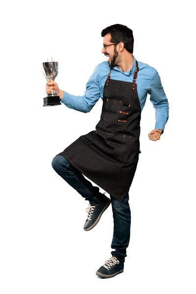 Full Length Shot Man Apron Holding Trophy Isolated White Background — Stock Photo, Image