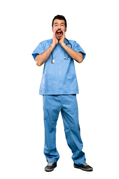 Full Length Shot Surgeon Doctor Man Shouting Announcing Something Isolated — Stock Photo, Image