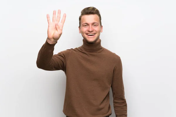 Blonde Man Isolated White Wall Happy Counting Four Fingers — Stock Photo, Image