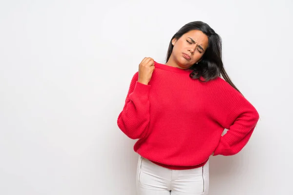 Young Colombian Girl Red Sweater Tired Sick Expression — Stock Photo, Image