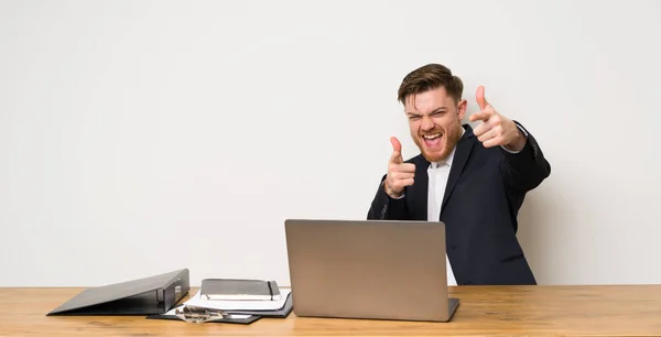 Businessman Office Pointing Front Smiling — Stock Photo, Image