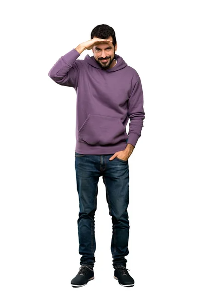 Sweatshirt Ile Yakışıklı Adam Tam Uzunlukta Çekim Uzak Elle Izole — Stok fotoğraf