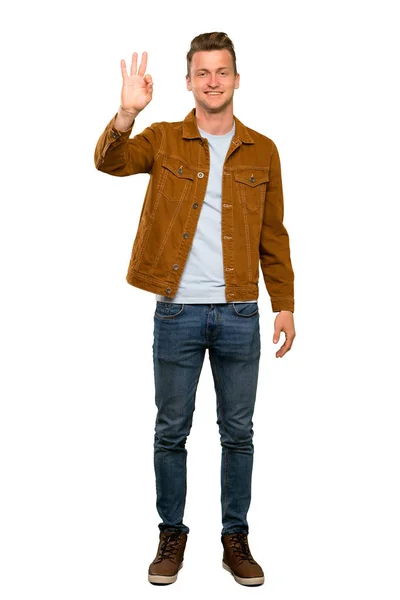 Blonde Handsome Man Happy Counting Three Fingers — Stock Photo, Image