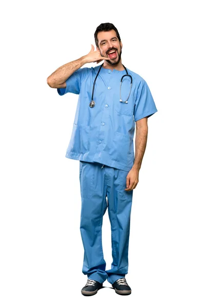 Full Length Shot Surgeon Doctor Man Making Phone Gesture Call — Stock Photo, Image