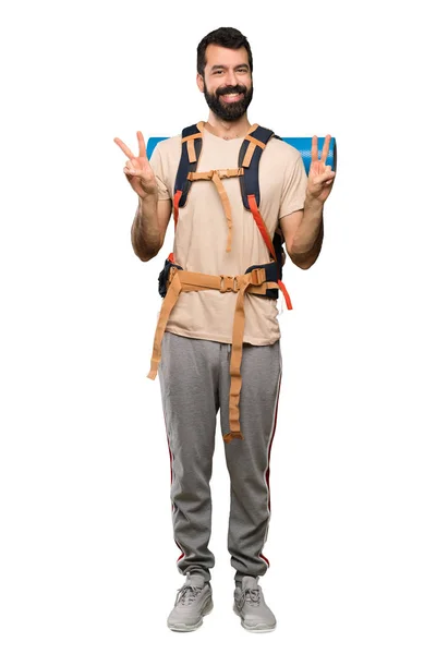 Hiker Man Showing Victory Sign Both Hands Isolated White Background — Stock Photo, Image
