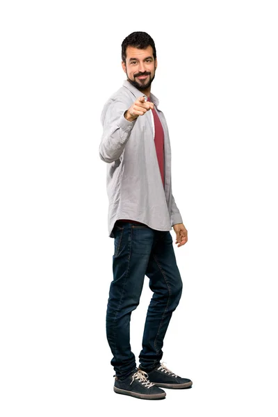 Full Length Colpo Bell Uomo Con Barba Punta Dito Contro — Foto Stock