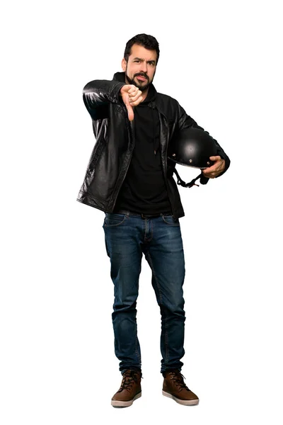 Full Length Shot Biker Man Showing Thumb Negative Expression Isolated — Stock Photo, Image