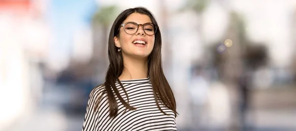 Teenager Girl Striped Shirt Glasses Happy Outdoors — Stock Photo, Image