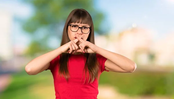 Woman Glasses Showing Sign Silence Gesture Outdoors — Stock Photo, Image