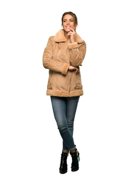 Full Length Shot Blonde Woman Coat Thinking Idea While Looking — Stock Photo, Image