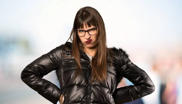 Woman Glasses Angry Outdoors — Stock Photo, Image