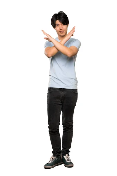 Plan Complet Homme Asiatique Avec Chemise Bleue Faisant Aucun Geste — Photo