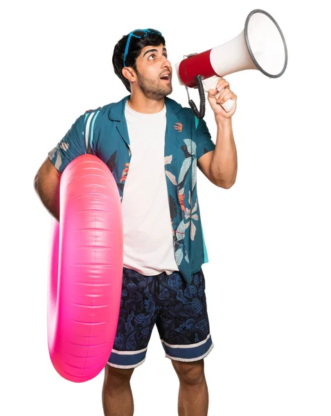 Homem Troncos Gritando Através Megafone Sobre Fundo Branco Isolado — Fotografia de Stock