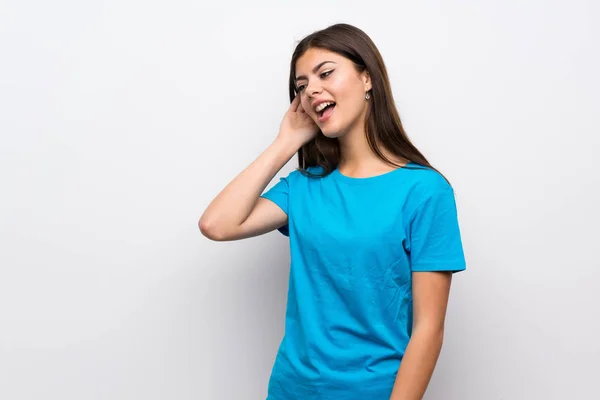 Teenager Girl Blue Shirt Listening Something Putting Hand Ear — Stock Photo, Image