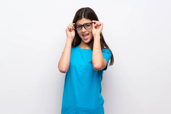 Teenager Girl Blue Shirt Glasses Surprised — Stock Photo, Image