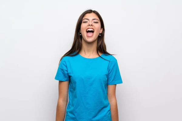 Teenager Girl Blue Shirt Shouting Front Mouth Wide Open — Stock Photo, Image