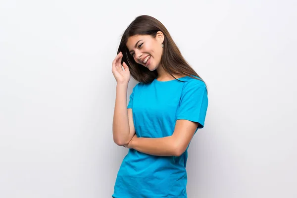 Teenager Girl Blue Shirt Smiling Lot — Stock Photo, Image