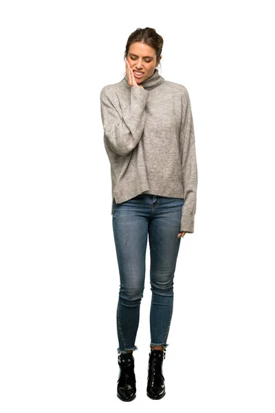 Full Length Shot Blonde Woman Turtleneck Toothache Isolated White Background — Stock Photo, Image