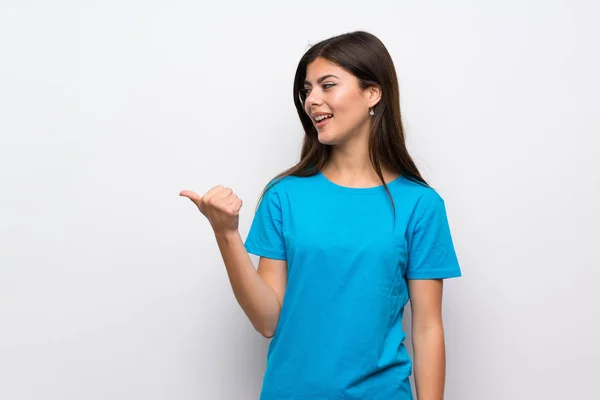 Teenager Girl Blue Shirt Pointing Side Present Product — Stock Photo, Image