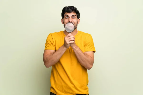 Young Man Pink Wall Taking Magnifying Glass Showing Teeth — Stock Photo, Image