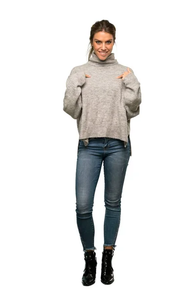 Full Length Shot Blonde Woman Turtleneck Surprise Facial Expression Isolated — Stock Photo, Image