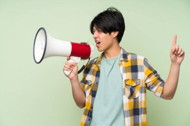 Bir megafon ile bağırarak izole yeşil duvar üzerinde Asyalı adam