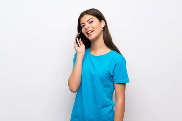 Teenager Girl Blue Shirt Keeping Conversation Mobile Phone — Stock Photo, Image