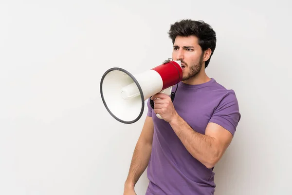 Hombre Guapo Gritando Través Megáfono — Foto de Stock