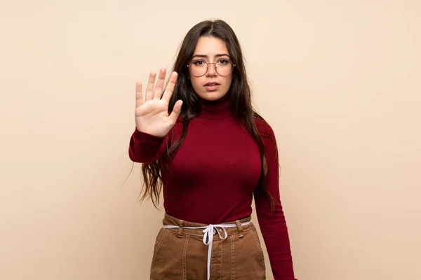 Teenager Girl Glasses Making Stop Gesture — Stock Photo, Image