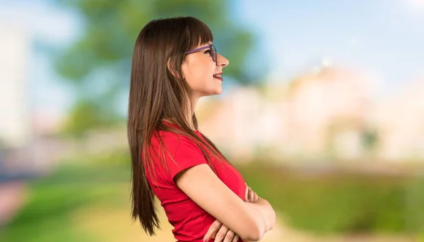 Woman Glasses Lateral Position Outdoors — Stock Photo, Image