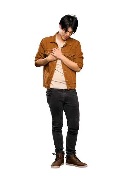 Full Length Shot Asian Man Brown Jacket Having Pain Heart — Stock Photo, Image