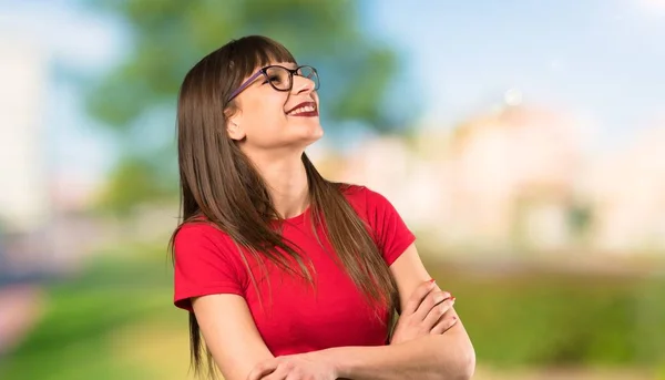 Woman Glasses Happy Smiling Outdoors — Stock Photo, Image