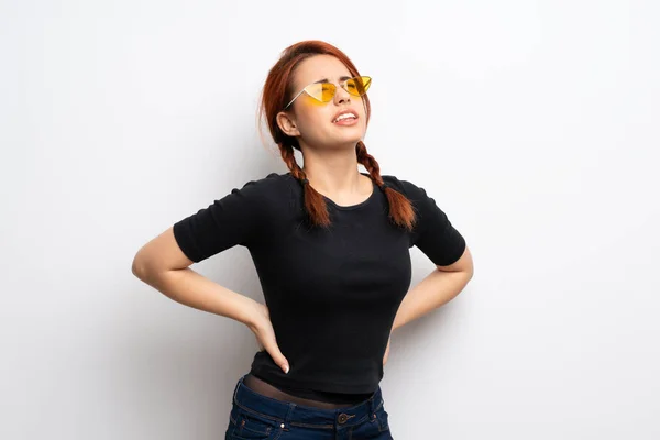 Young Redhead Woman White Wall Suffering Backache Having Made Effort — Stock Photo, Image