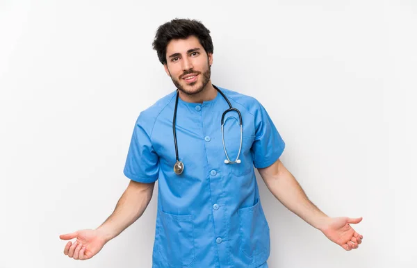 Chirurg Doctor Man Geïsoleerde Witte Muur Trots Zelf Tevreden — Stockfoto