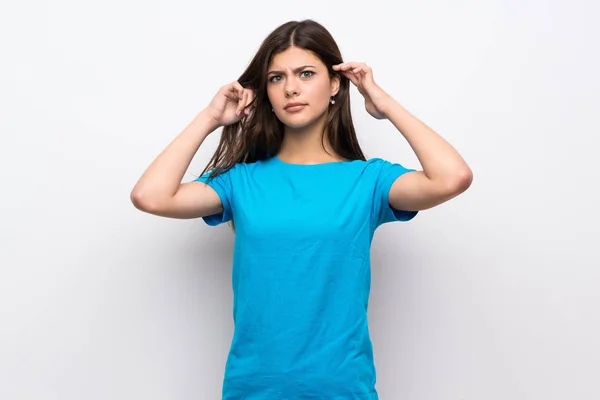 Teenager Girl Blue Shirt Having Doubts Thinking — Stock Photo, Image