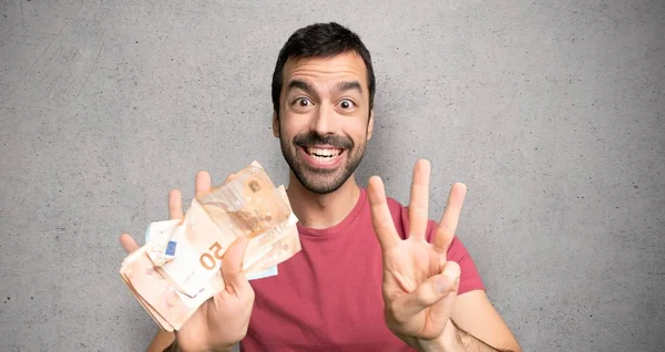 Hombre Tomando Montón Dinero Contando Ocho Con Los Dedos Sobre — Foto de Stock