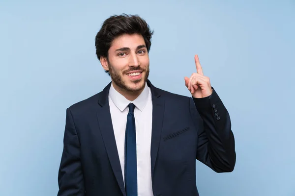 Empresario Sobre Pared Azul Aislada Con Intención Realizar Solución Mientras — Foto de Stock