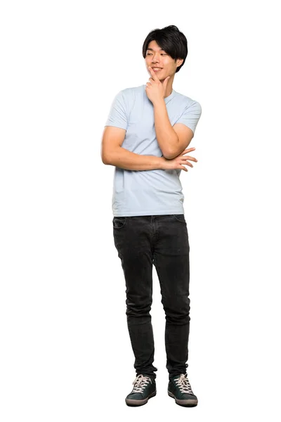 Plano Completo Hombre Asiático Con Camisa Azul Mirando Lado Sobre — Foto de Stock