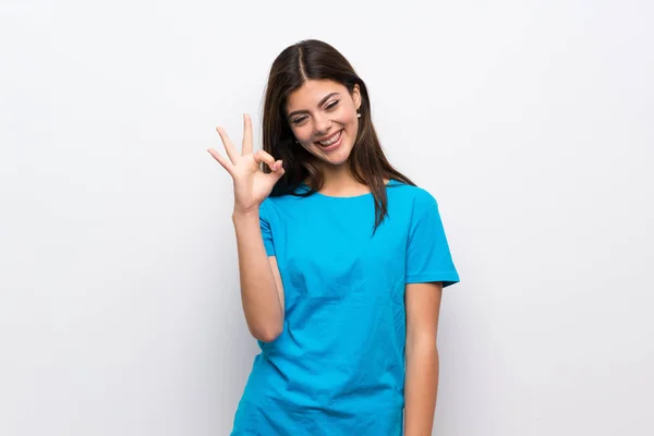 Teenager Girl Blue Shirt Showing Sign Fingers — Stock Photo, Image